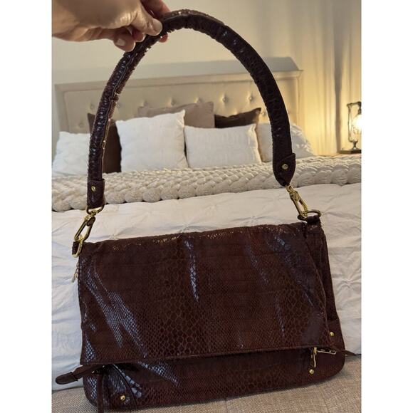 JM Joy Mangano Convertible Expandable Drop Python Bag Tote Sholuder Clutch Brown - Picture 4 of 7